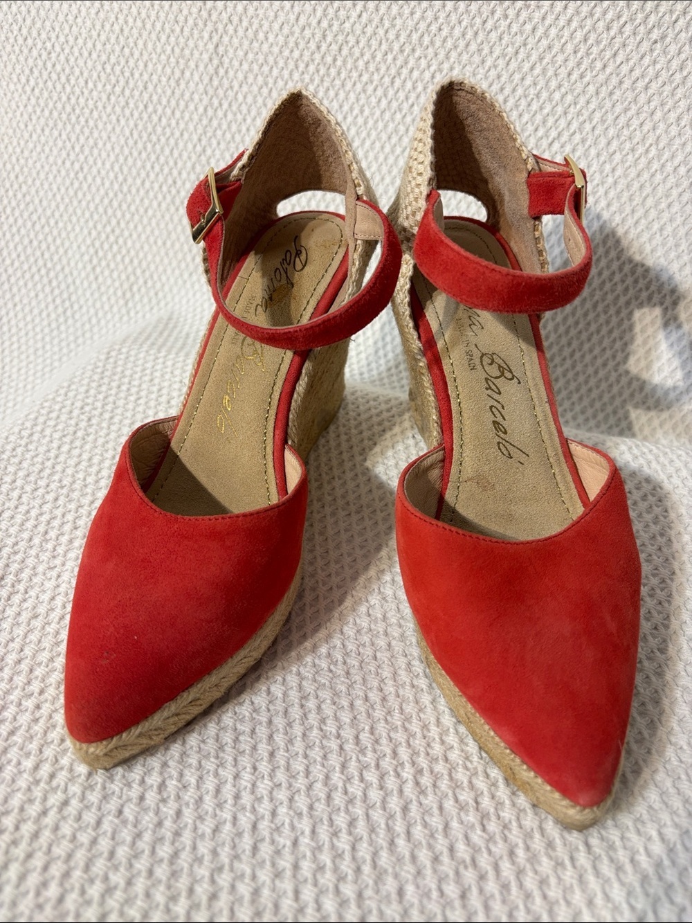 PALOMA BARCELO SZ 36 Pointy Red Suede Ankle-Strap Espadrille Wedges